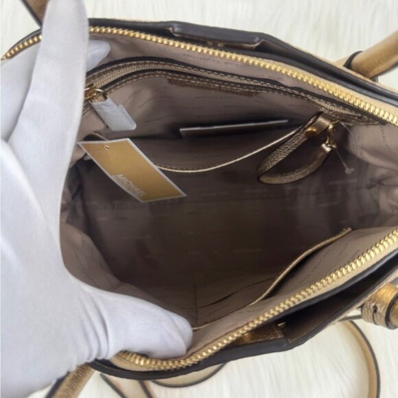 Michael Kors Mercer Metallic Gold Leather Dome Satchel Shoulder Crossbody Bag - Picture 11 of 17